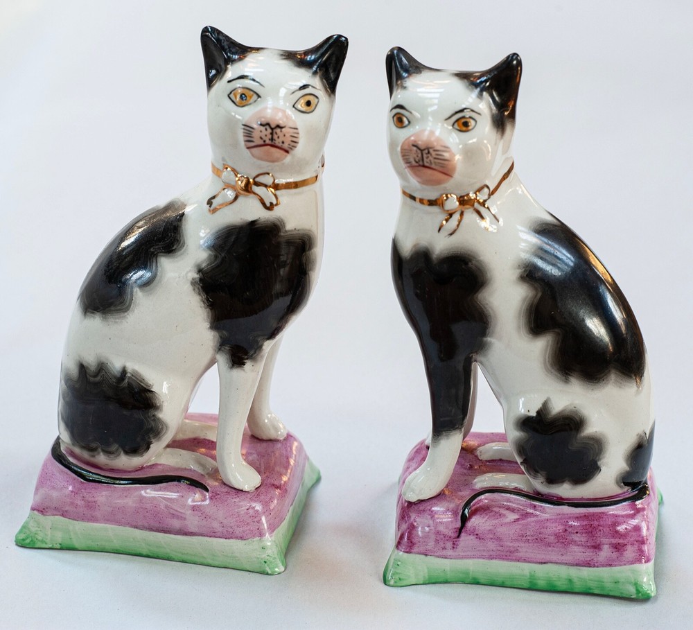 Pair 19th Century English Staffordshire Pottery Mantle Cats On Pillows