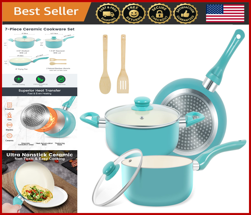 7-Piece Nonstick Ceramic Cookware Set for Induction, PFOA-Free with Cool-Touch Handles in Turquoise