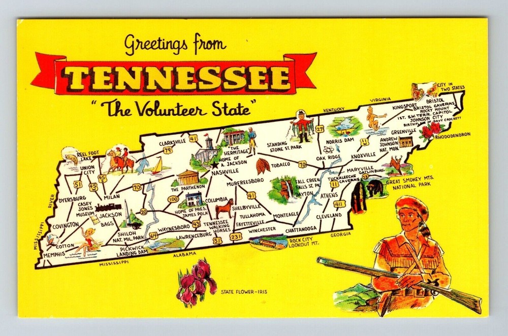 TN-Tennessee, Landmarks Map Greetings, Volunteer State, Vintage Postcard