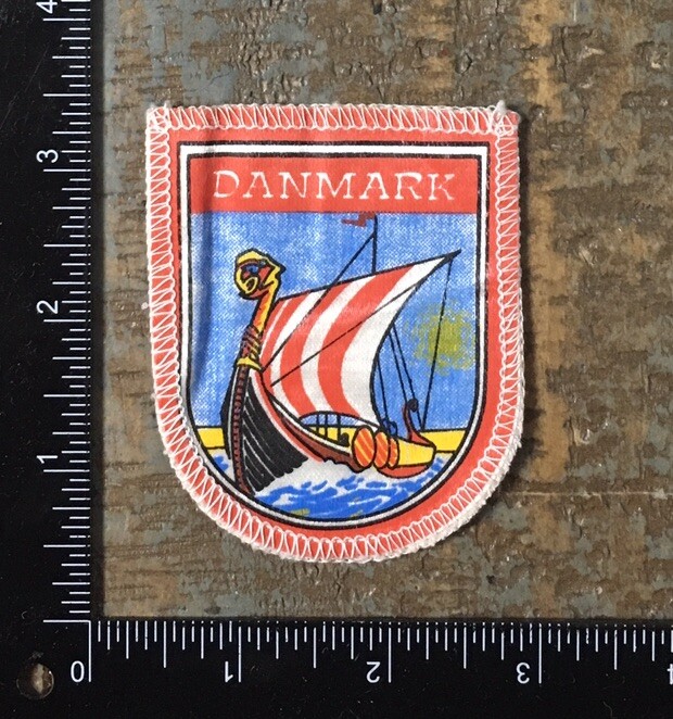 Vintage DANMARK Viking Ship Flag Sail Denmark Travel Souvenir Sew-On Patch Cloth