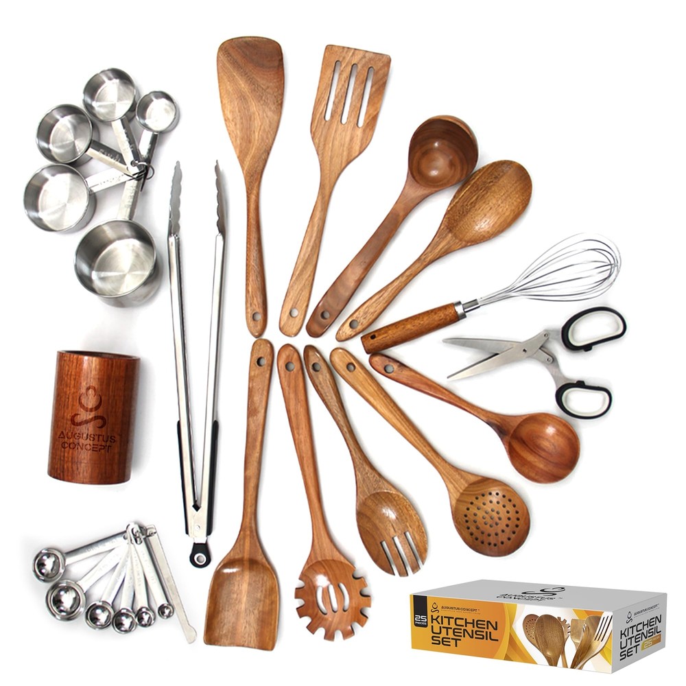 Kitchen Utensils Set - 25 pcs Wooden Utensils Set - Nonstick Wooden Spoons fo...