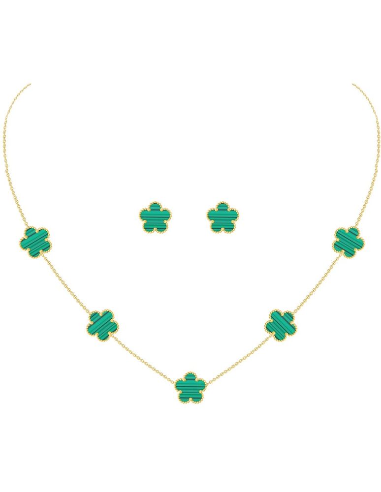 Gold Plated Stainless Steel Four Leaf Clover Necklace and Stud Jewelry Set fo...