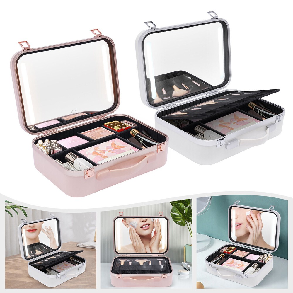 Makeup Case Travel Cosmetic Organizer Makeup Storage Bag W/ Mirror And LED Light