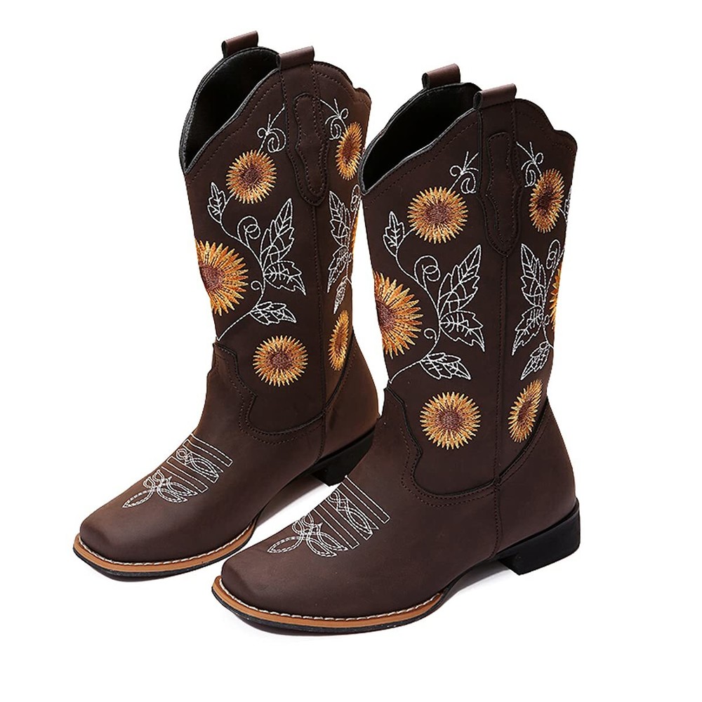 Cowboy Boots for Women Mid Calf Cowgirl Western Boots Sunflower Embroidery St...