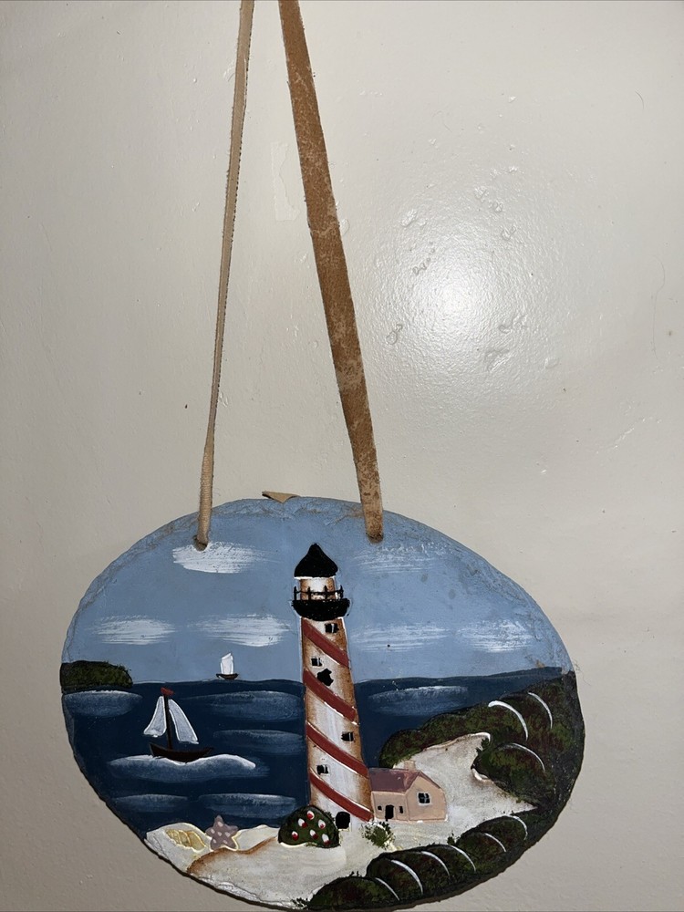Vtg Handmade Concrete Lighthouse Hanging Plaque Hand Painted - Dated 2004