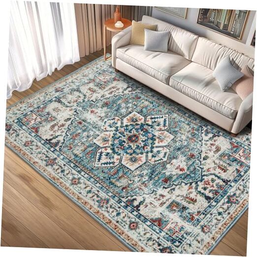 Area Rug - 7x9 Washable Bedroom Rugs Dining Room Mat, Indoor 7x9ft Azure Ember