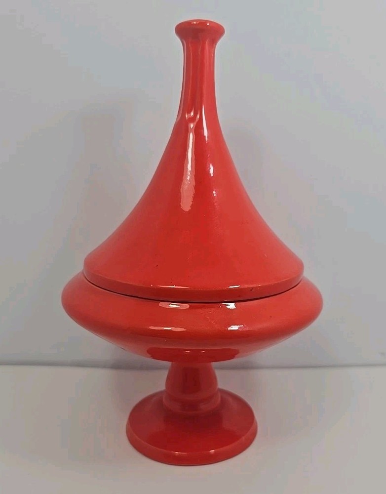 Mid Century Modern Retro Candy Dish Trinket Bowl Vase Planter in Red Orange 8.5 Inches Tall