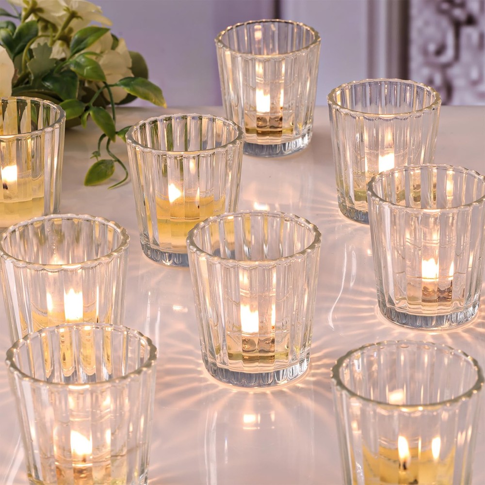 24pcs Vintage Ribbed Glass Votive Candle Holders for Weddings Events Decor