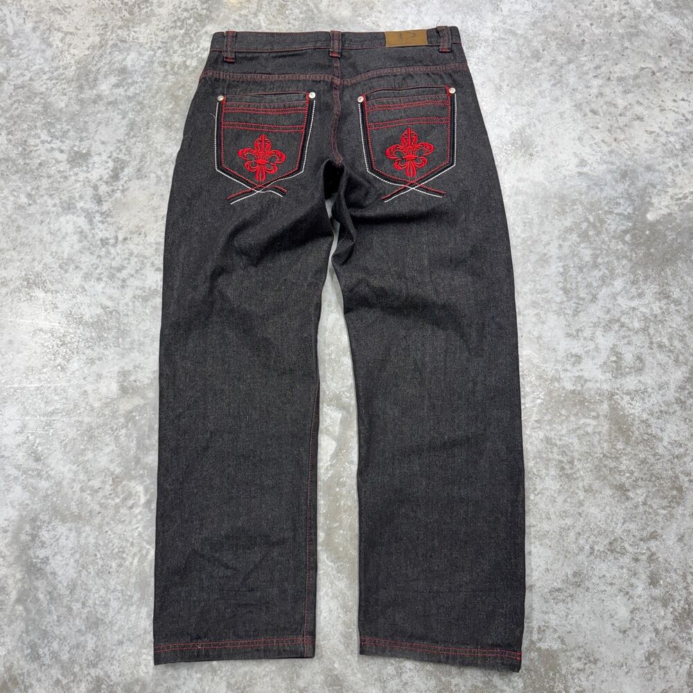 Y2K Dmax Baggy Skater Jeans mens 36x33 Embroidered Wide Leg Black red grunge vtg