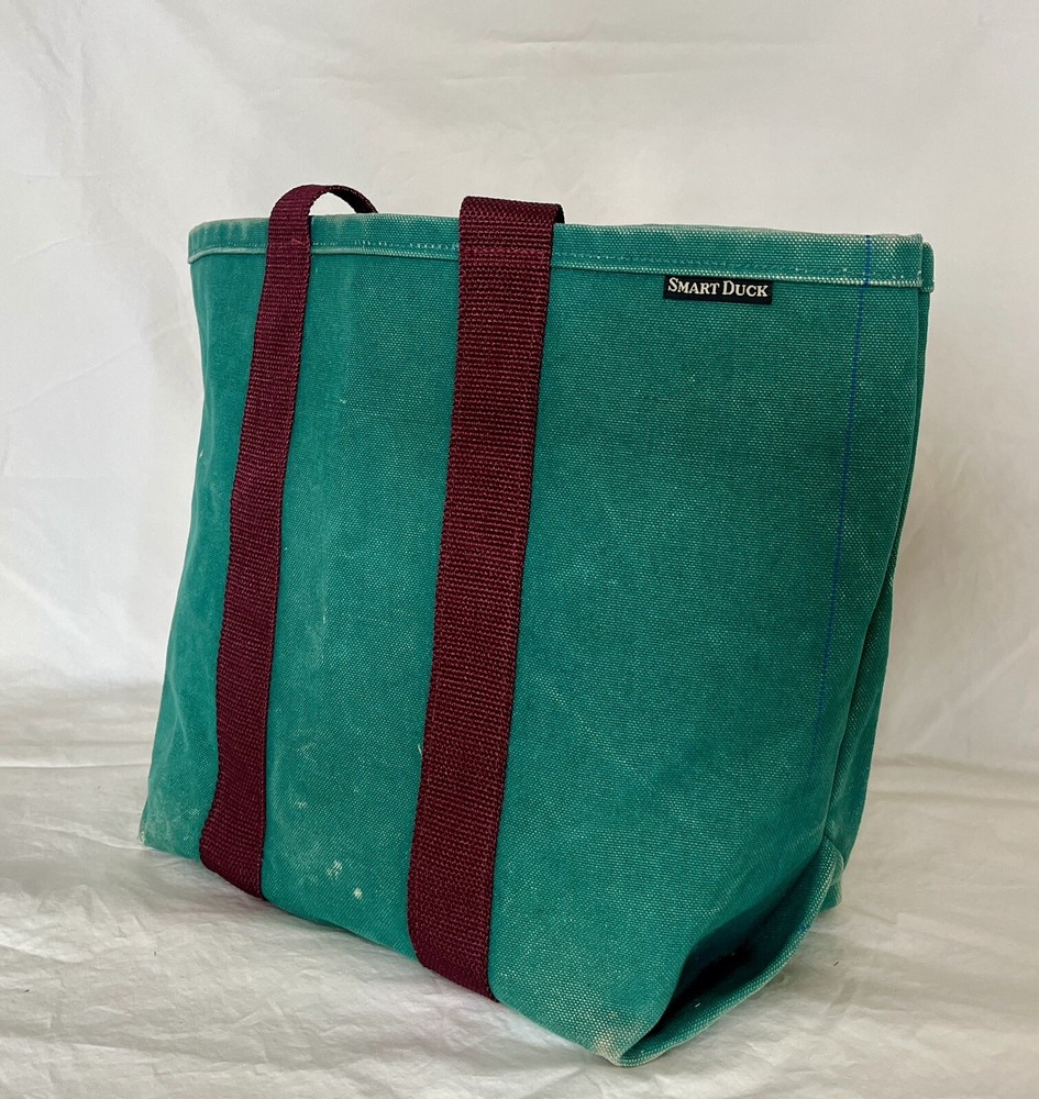 Vintage Heavy-Duty Canvas Tote Bag - Green with Maroon Straps, “Smart Duck” Labe