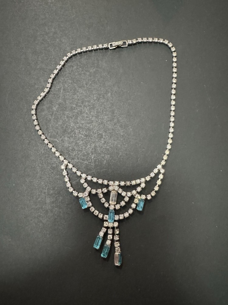 Vintage Prong Set Clear & Blue Rhinestones Collar Necklace