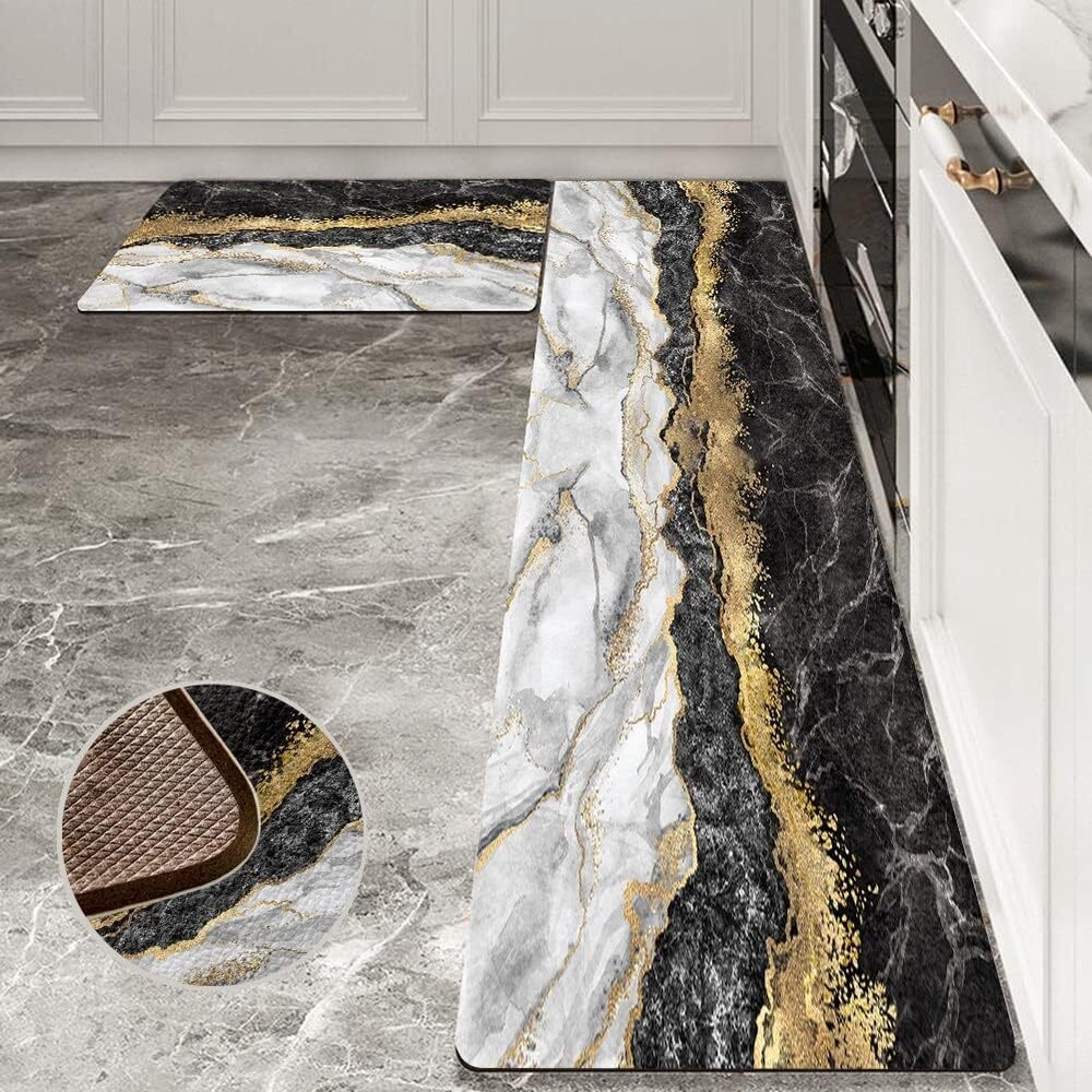 Black Gold Marble Kitchen Mat Set 2-Piece Anti-Fatigue Cushioned Rug