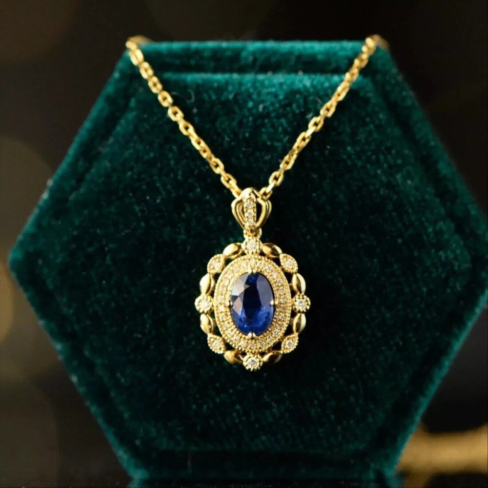 14K Gold Plated 2Ct Oval Lab Blue Sapphire Pendant for Women