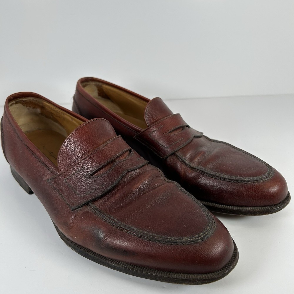 Santoni Tristan Men 12 Hand Antiqued Brown Leather Penny Loafer Dress Shoes