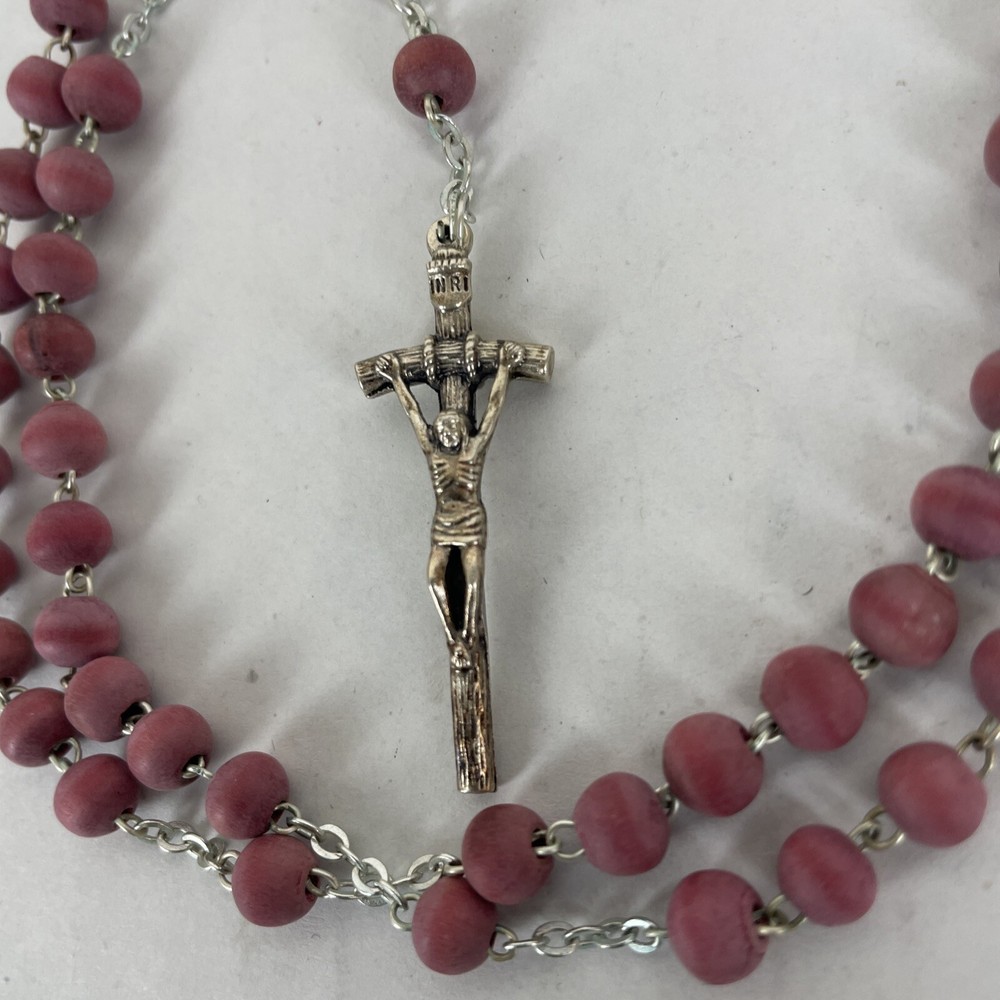 Wooden Medjugorje Rosary with Rose Scent Papal Cross Catholic Prayer Beads-image