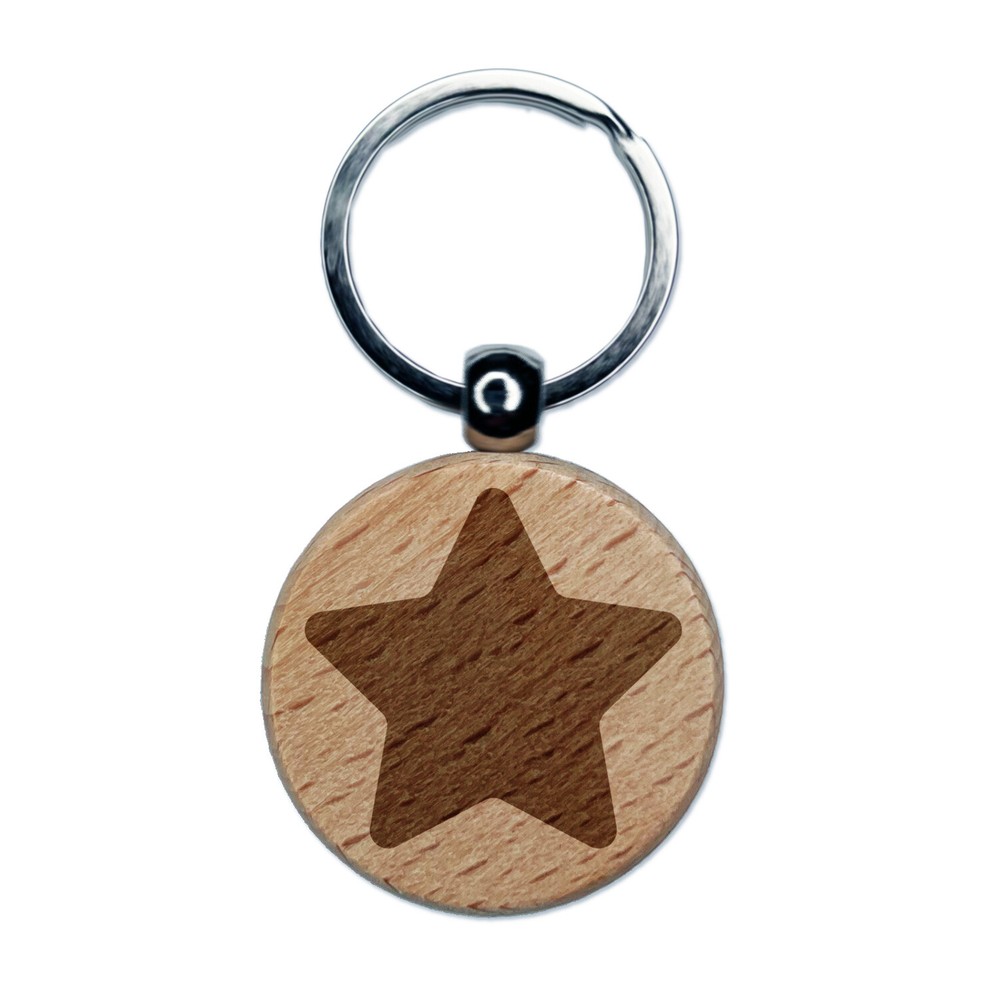 Star Curved Points Engraved Wood Round Keychain Tag Charm