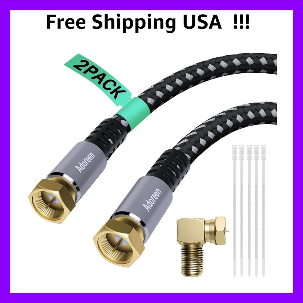 3 ft Coaxial Cable 2-Pack, Quad Shielded RG6 Coax Cord with Gold-Plated Male F Connectors