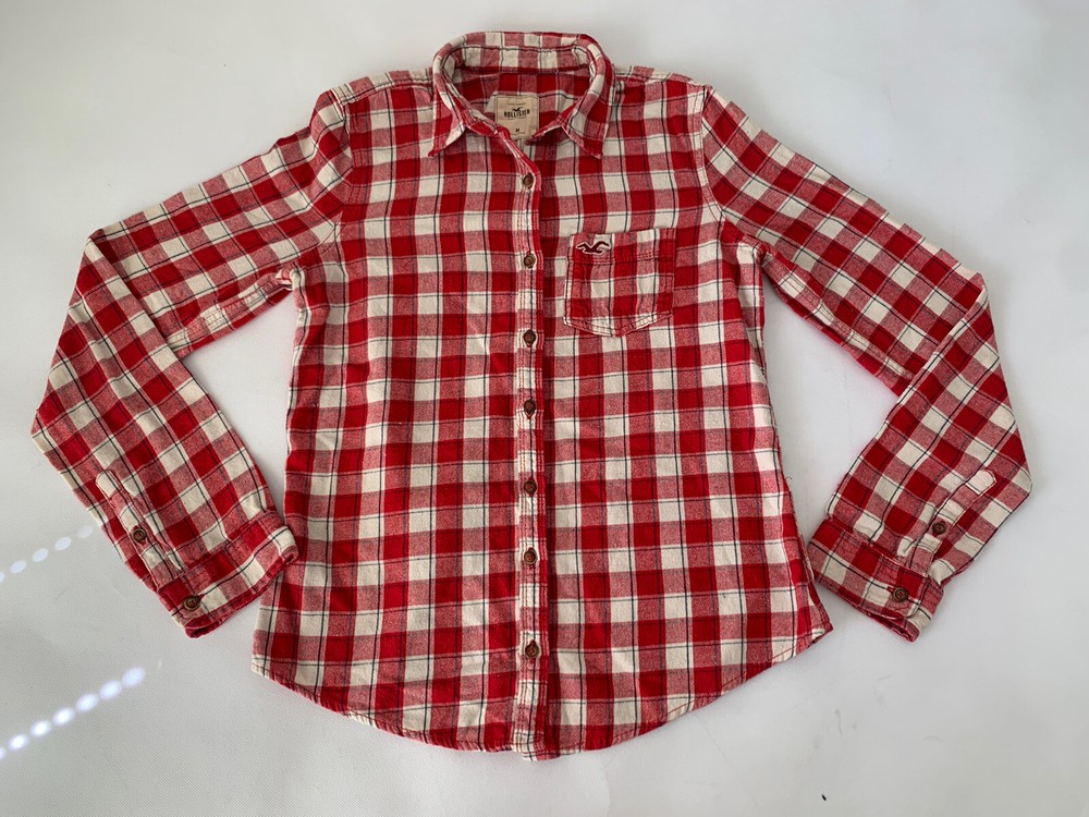 Hollister Flannel Shirt Women M Red Plaid Button Up Preppy Western Country Rodeo