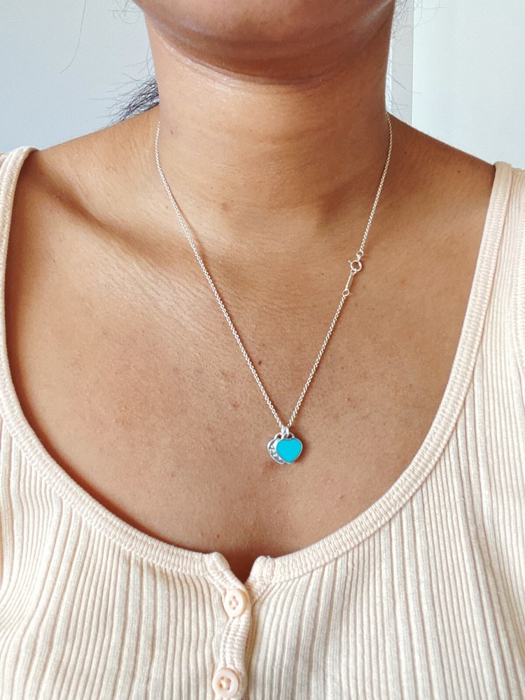 TIFFANY & Co. Return to Mini Double Blue Heart Enamel Pendant Necklace SV925