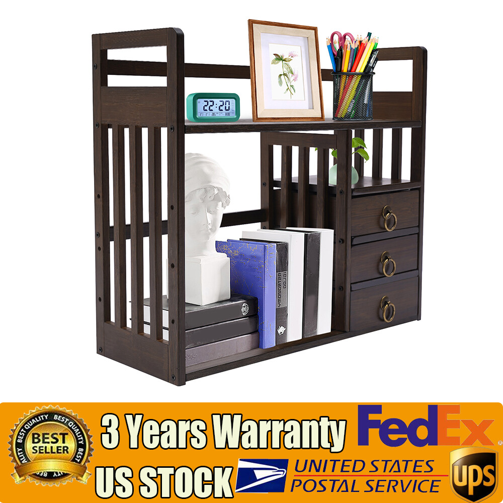 Bamboo Bookshelf Desktop Organizer Desk Rack Storage Shelves w/3 Drawers Office