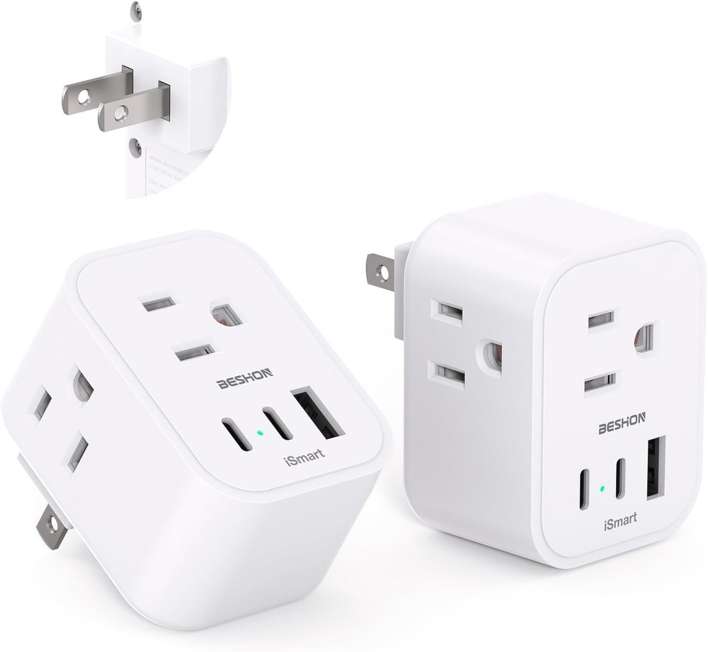 2-Pack US to Japan Plug Adapter with 3 Outlets Type A White Travel Power