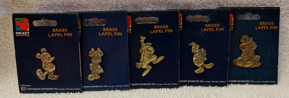 Vintage Disney Brass Mickey Minnie Goofy Donald Lapel Pins SET OF 5