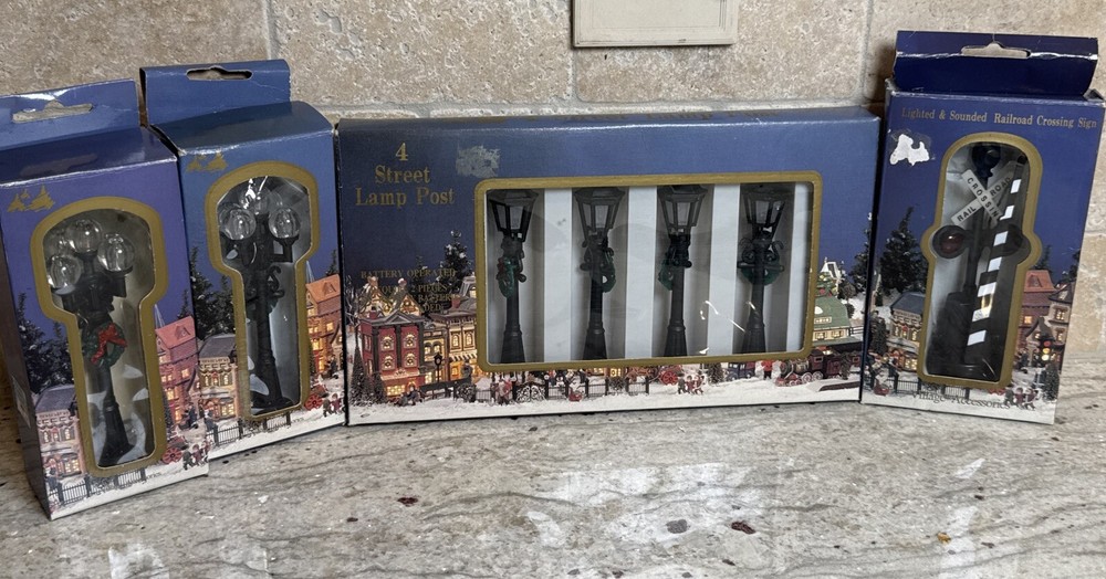 Victorian Dickens 4-Piece Lamp Post Set with Railroad Signs and 5-Light Posts