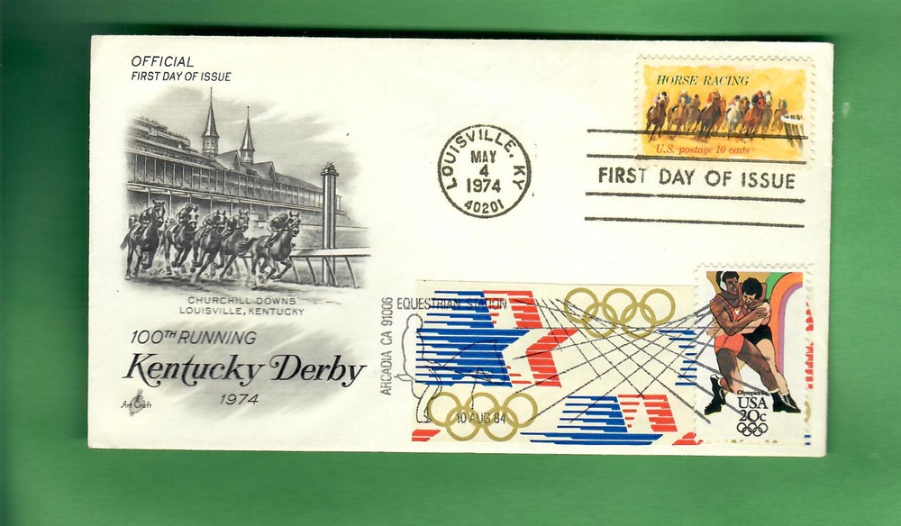 1974 KENTUCKY DERBY 100TH RUNNING - OFFICIAL FIRST DAY COVER - W/OLYMPIC STAMP