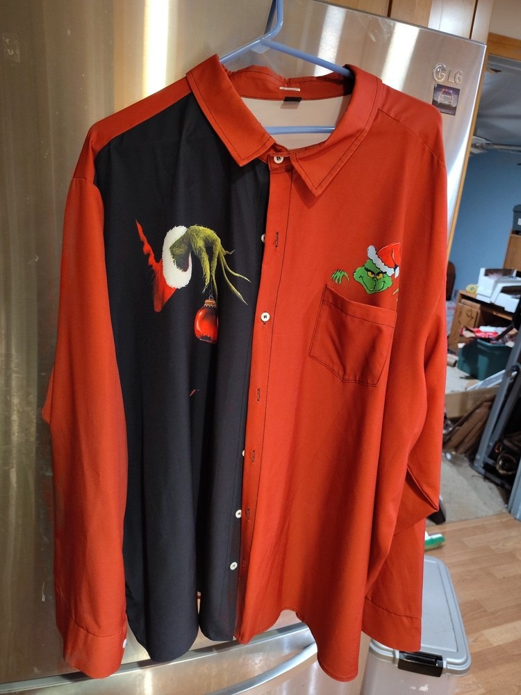 Christmas Ornament Grinch Men's Long Sleeve Casual Button-Down Shirt - Size 4XL
