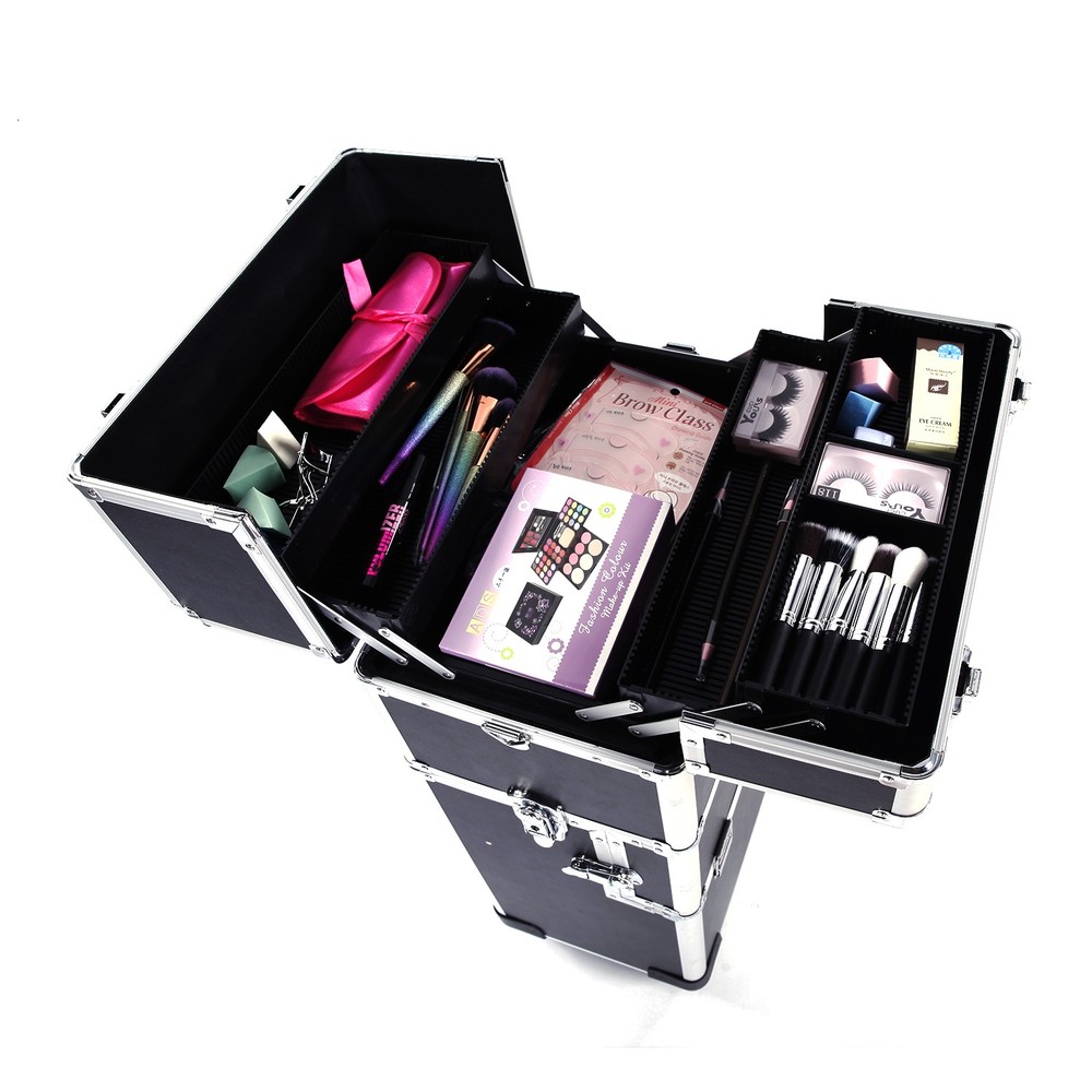 3-in-1 Aluminum Makeup Train Case with Large Storage Trolley Box