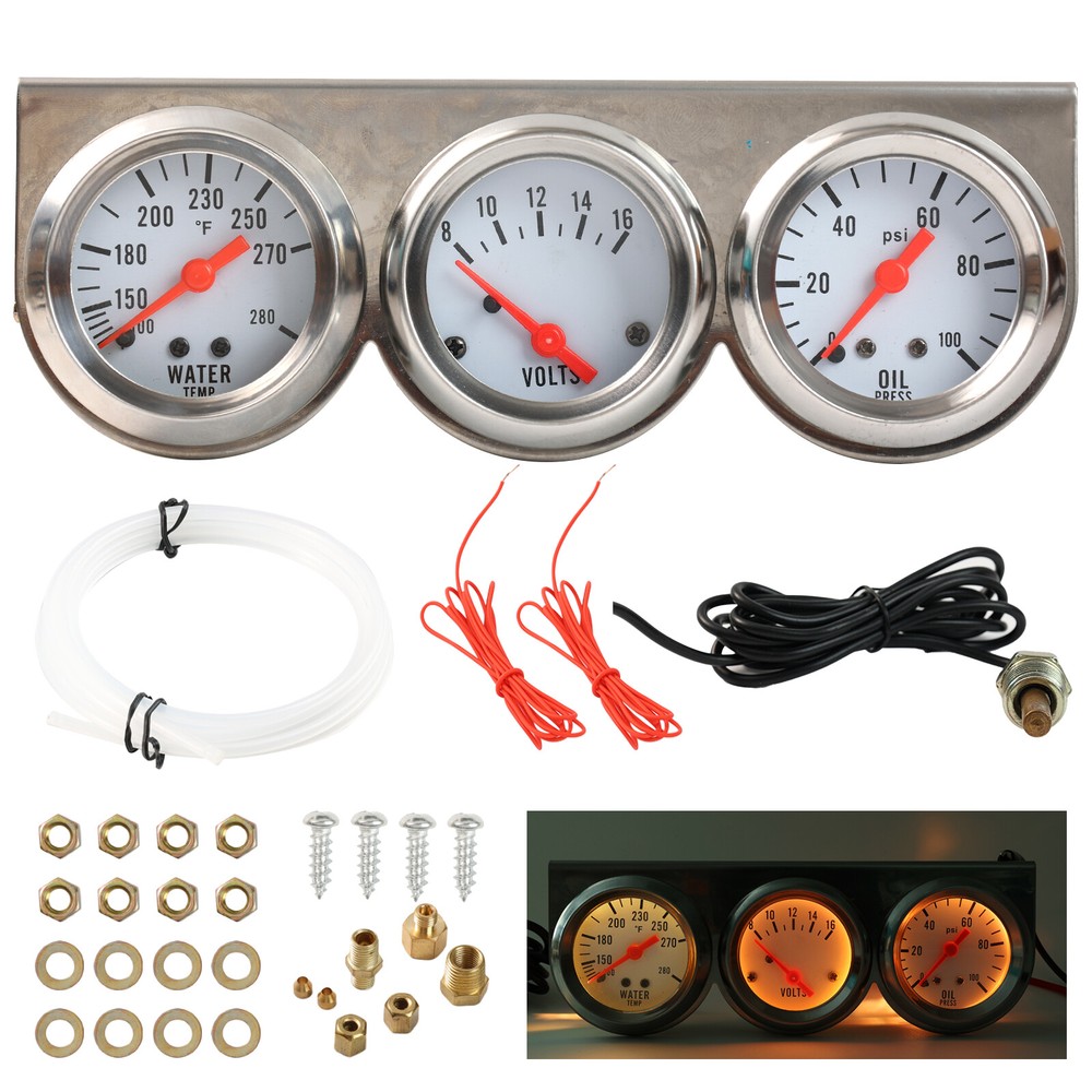3 in 1 Triple Car Gauge Kit 52mm Oil Pressure Water Temp Gauge Voltage Voltmeter