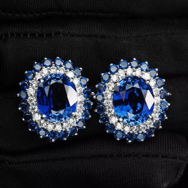 2Ct Oval Blue Sapphire Simulated Stud Earrings in 14K White Gold Plated