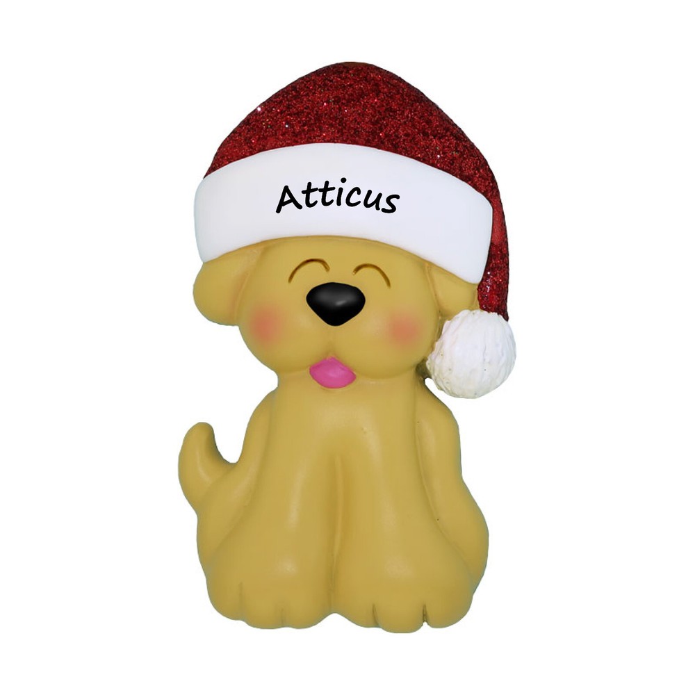 Personalized Christmas Ornament - Yellow Dog with Glittered Santa Hat