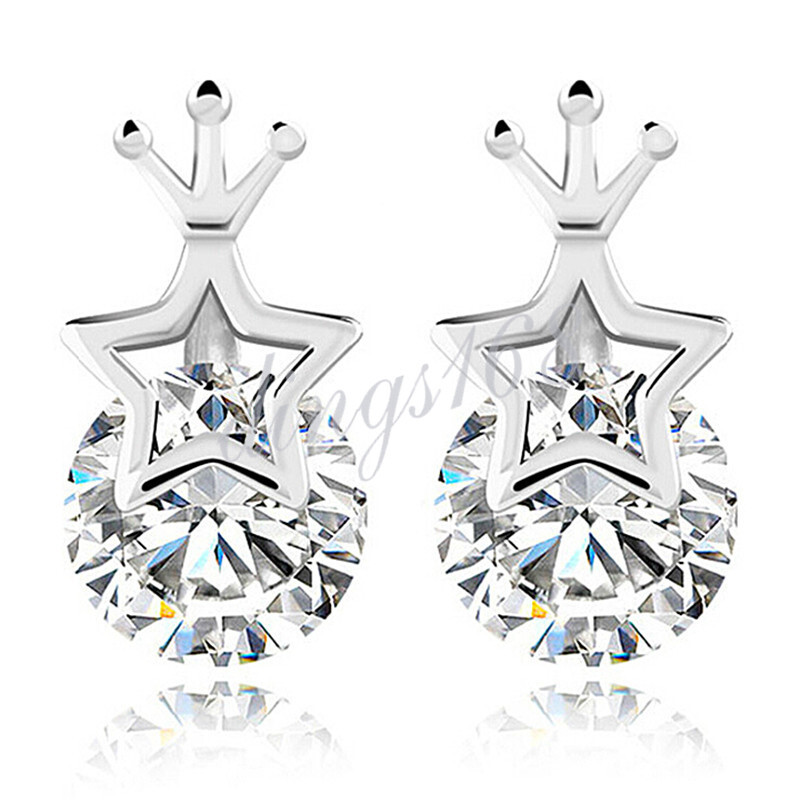 Genuine 925 Sterling Silver Crown + Open Star + Round Crystal Stud Earring F1047