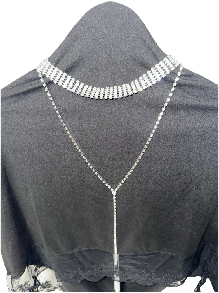 NWOT Rhinestone Tassel Choker Necklace Silver Drop Chain Cleavage Jewelry