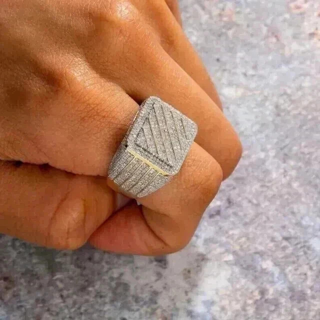 2.20Ct Round Cut Real Moissanite Men's Cluster Pinky Ring 14K Yellow Gold Plated