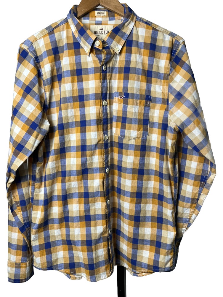 Hollister Shirt Long Sleeve Button Down Collar Blue Plaid Stretch Men Medium