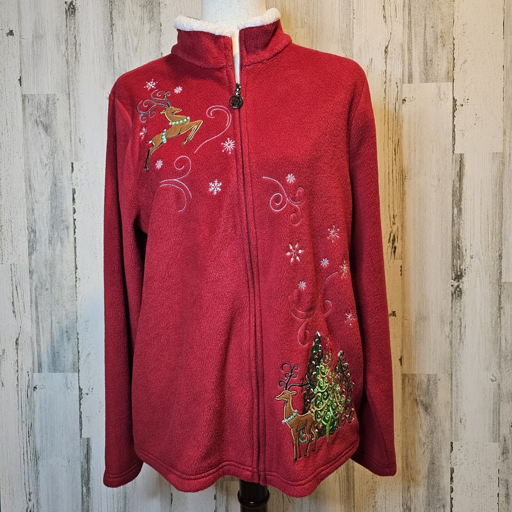 Breckenridge Women's Large Red Fleece Christmas Jacket Sherpa Collar Embroidered