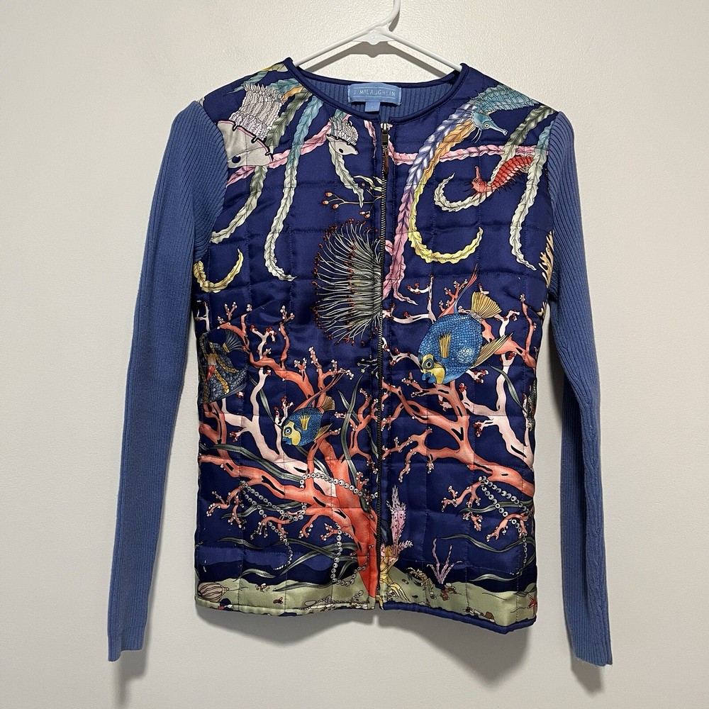 J. McLaughlin Blue Silk Quilted Rib Back Zip Front Fish Sea Horse Coral Sweater