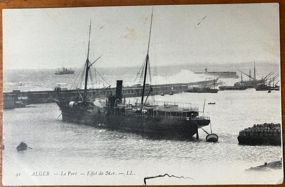 Antique postcard: Ocean waves at Algiers harbor, Algeria, unposted, excel cond