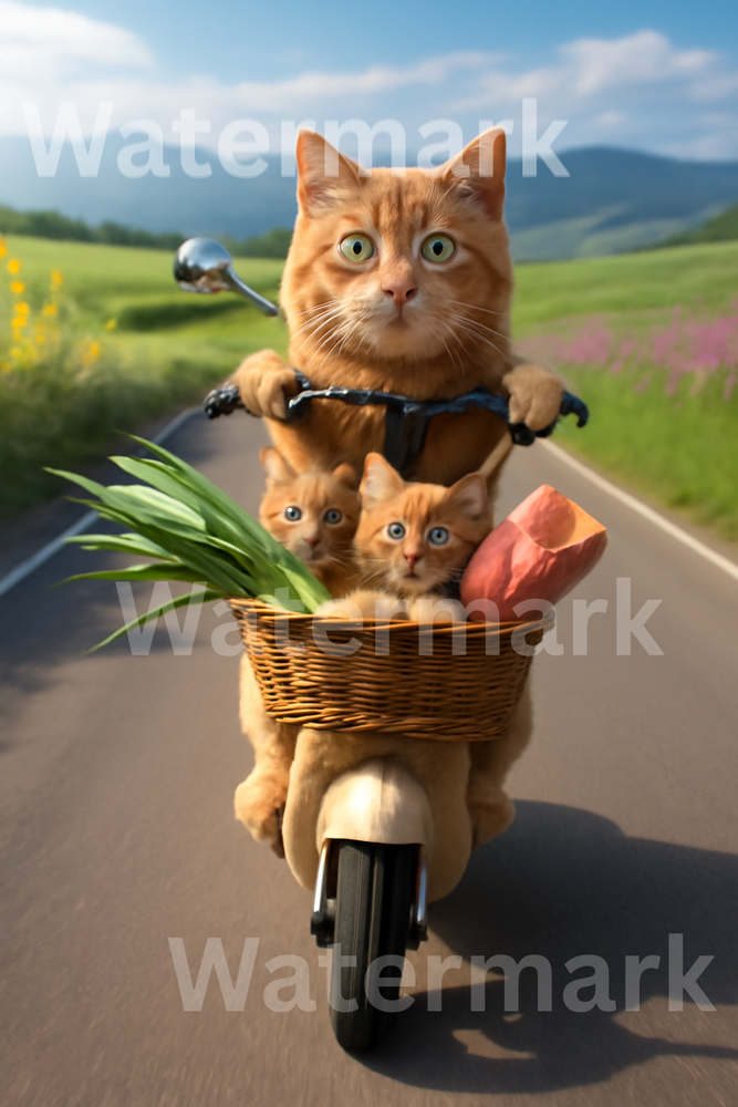 Whimsical Cat Scooter Digital AI Art Printable Wallpaper Photo