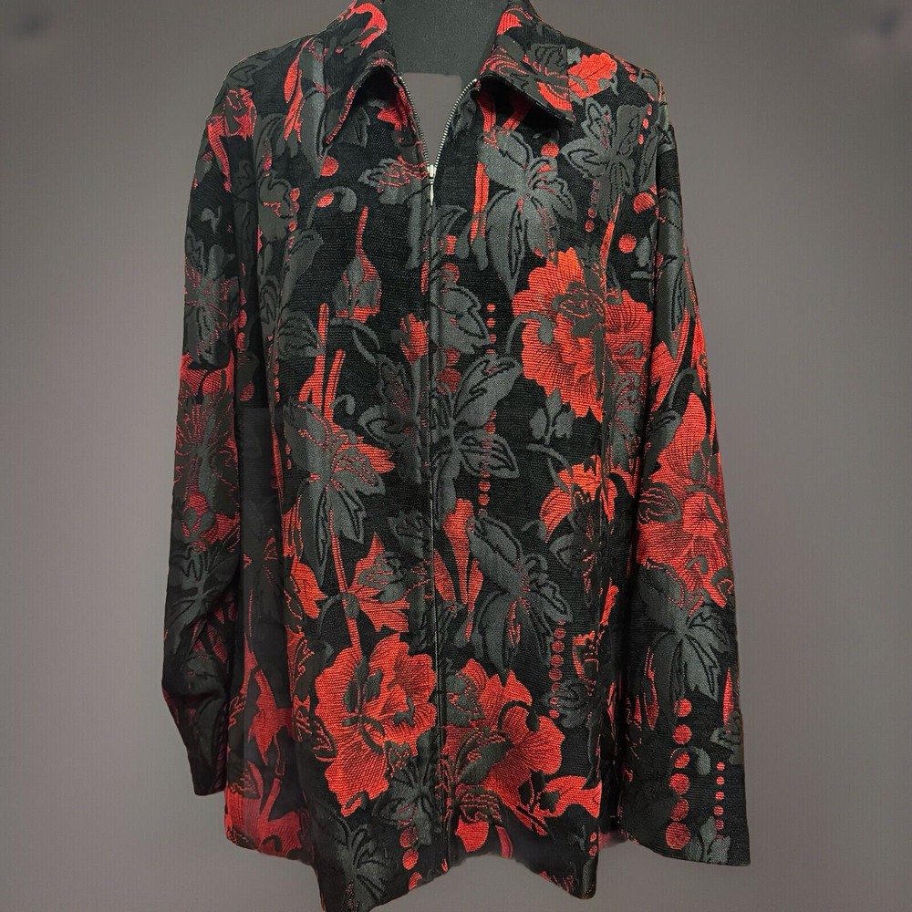 CJ Banks Blazer 2X Womens Tapestry Jacket Red Black Abstract Whimsigoth Office