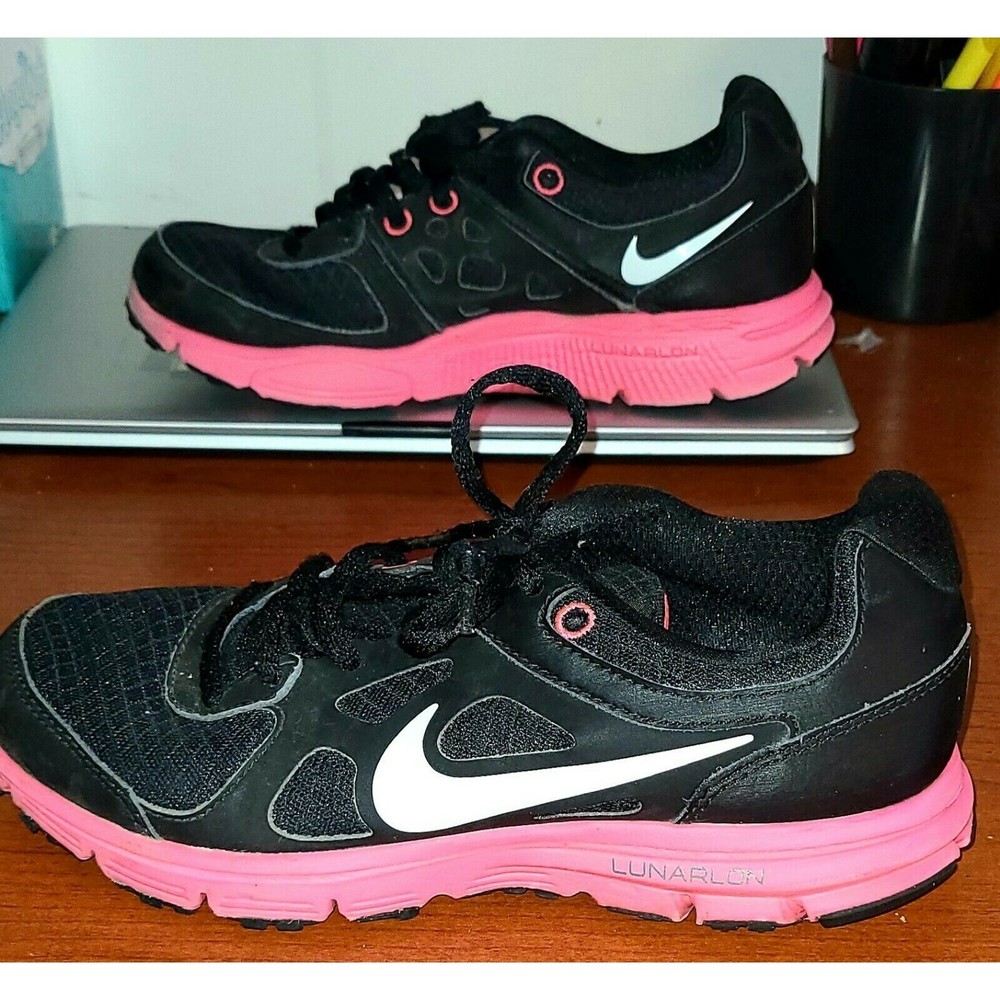 Nike Kid's Lunar Forever 4.5 Shoes 488274 001 Sneakers Black Pink Lace Up.