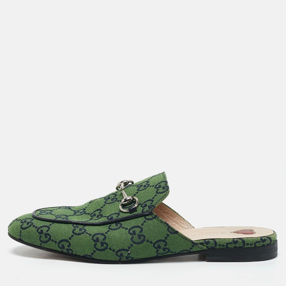 Gucci GG Canvas Princetown Horsebit Mules Green Navy Blue Size 38