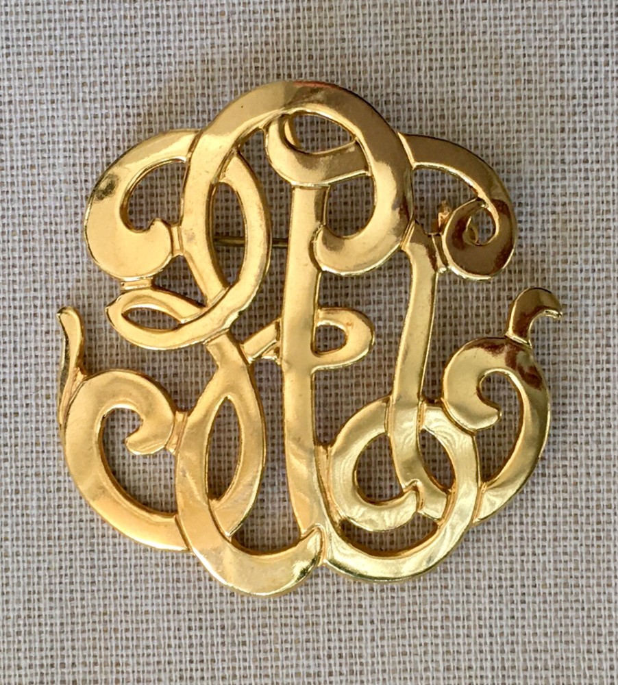 Vintage Monogram Brooch Pin Nondescript Initials Gold-Tone 1980s Jewelry