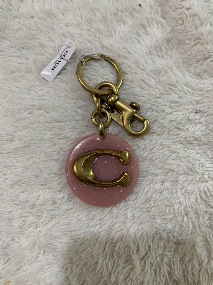Coach C Logo Gold & Pink Glitter Disc Keychain Charm - Signature - NWT