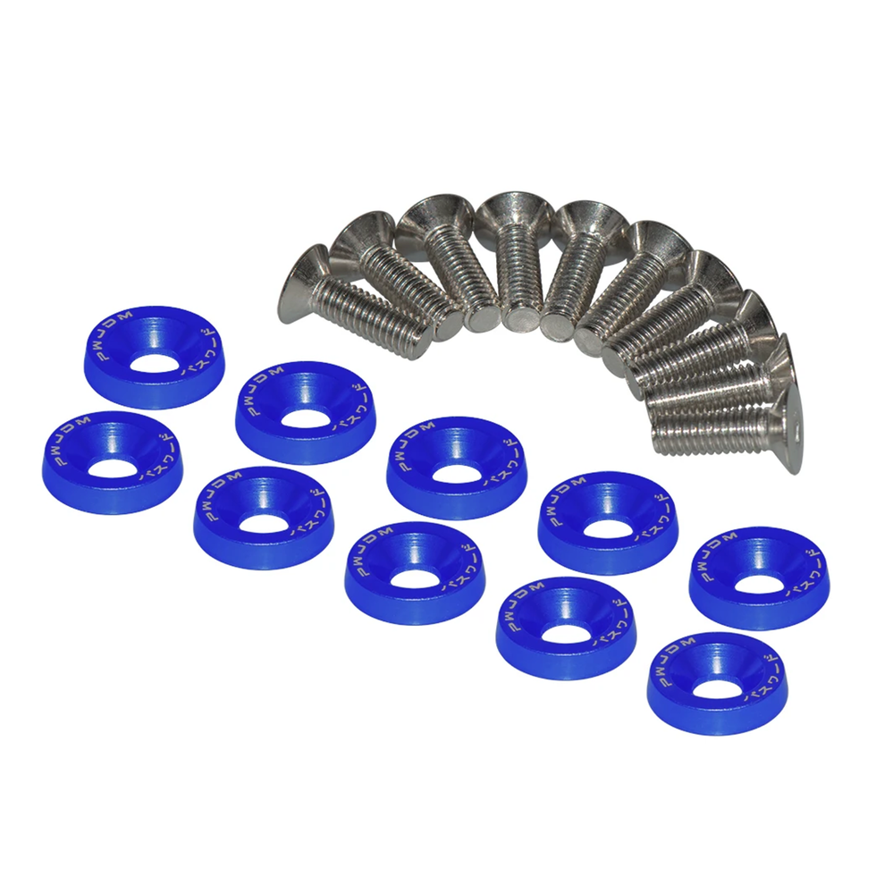 Upgrade Your JDM Engine Bay with a 20-PC Blue Password Dress Up Kit Featuring M6 Bolts & Fender Washers-image