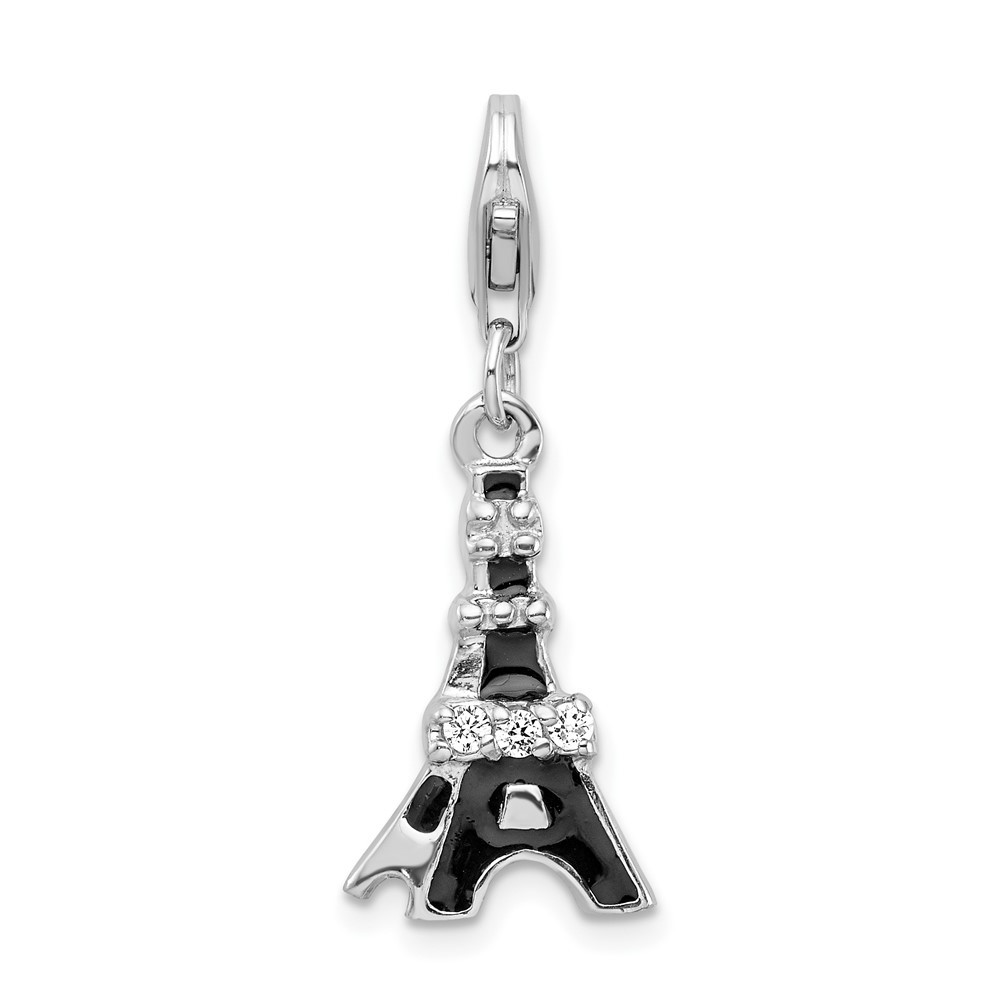 Sterling Silver Black Enameled Cubic Zirconia Eiffel Tower Charm Pendant 1.8gm