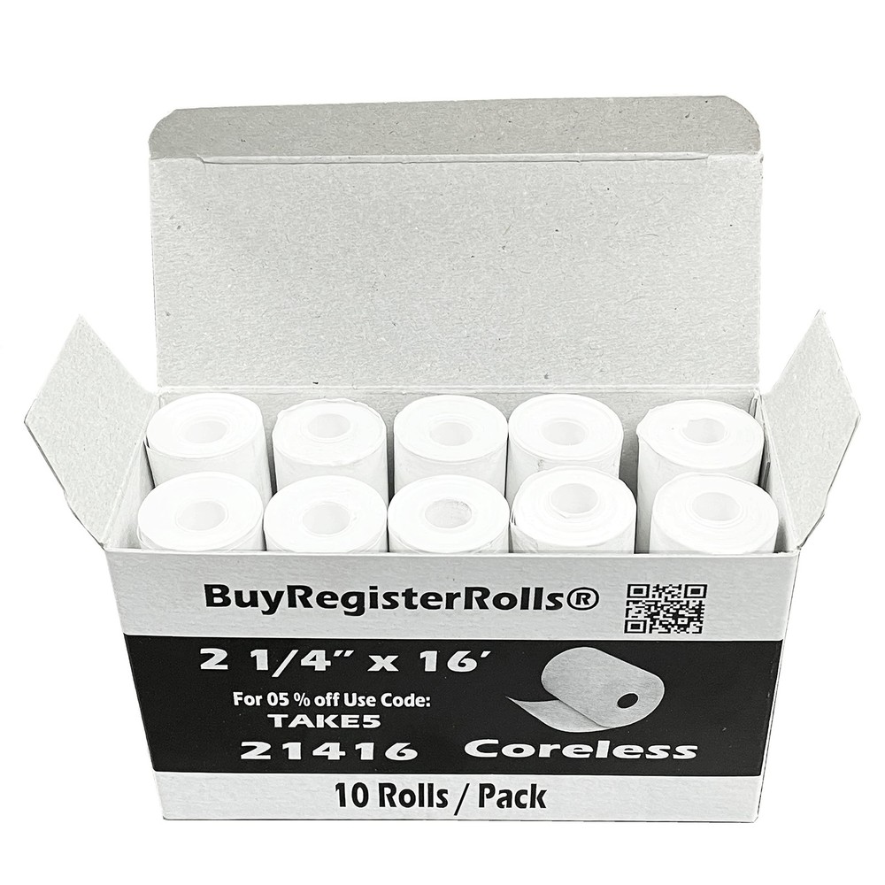 10 Rolls Coreless Thermal Paper 2.25 x 16 ft for Receipts 1-Ply 57mm