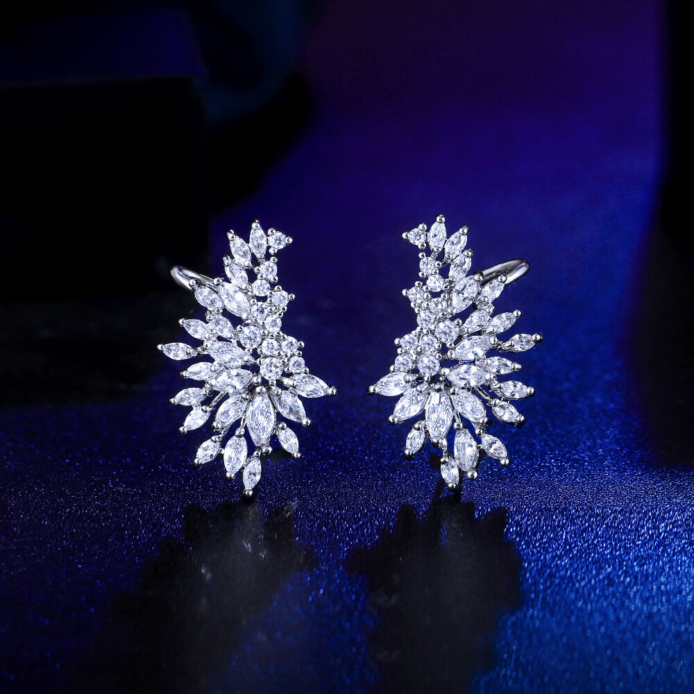 Brilliant Leaf Ear Clamp Stud Earring Silver Plated Cubic Zirconia White Jewelry
